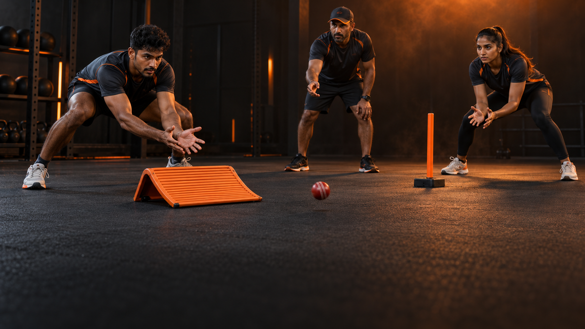 Athletes practising cricket catching in a dark training studio with orange lighting