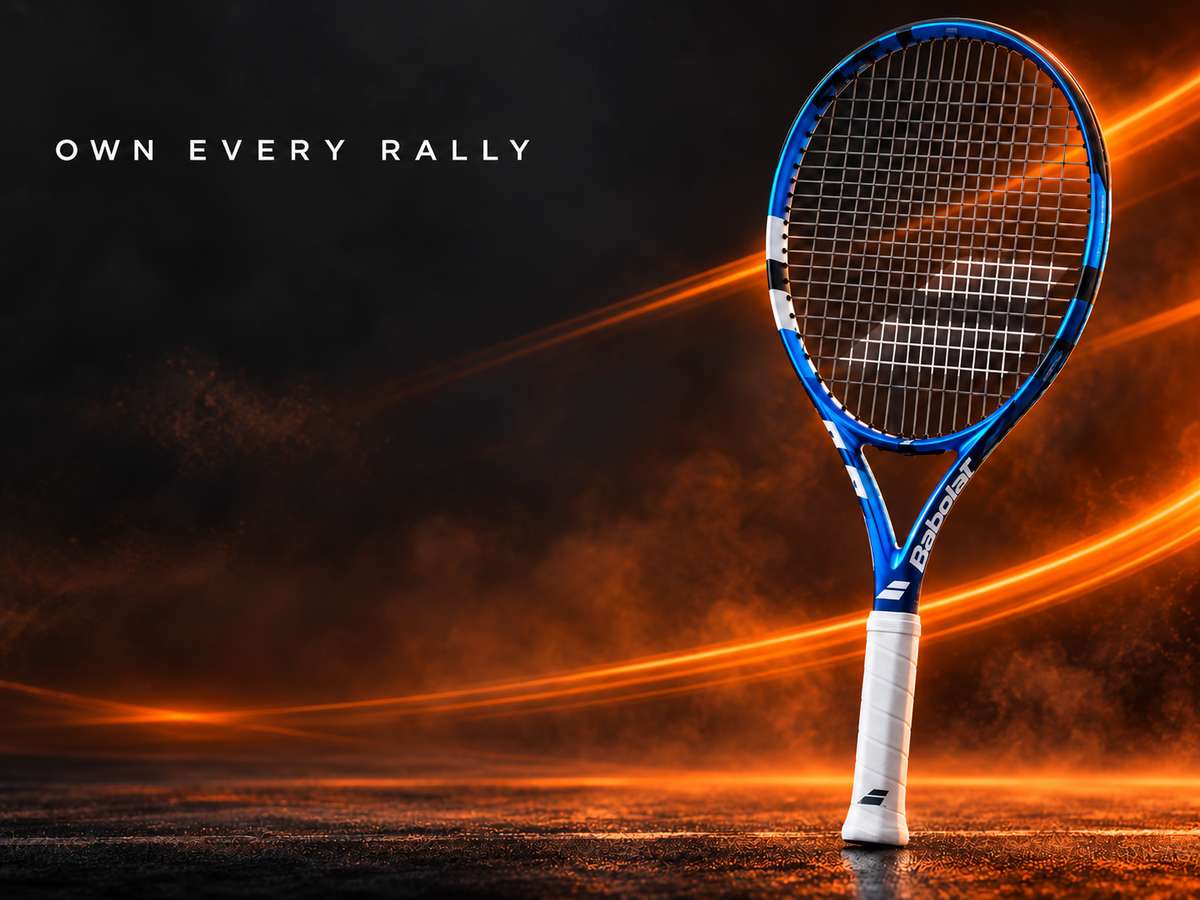 Babolat tennis racket on the Athilco orange court banner