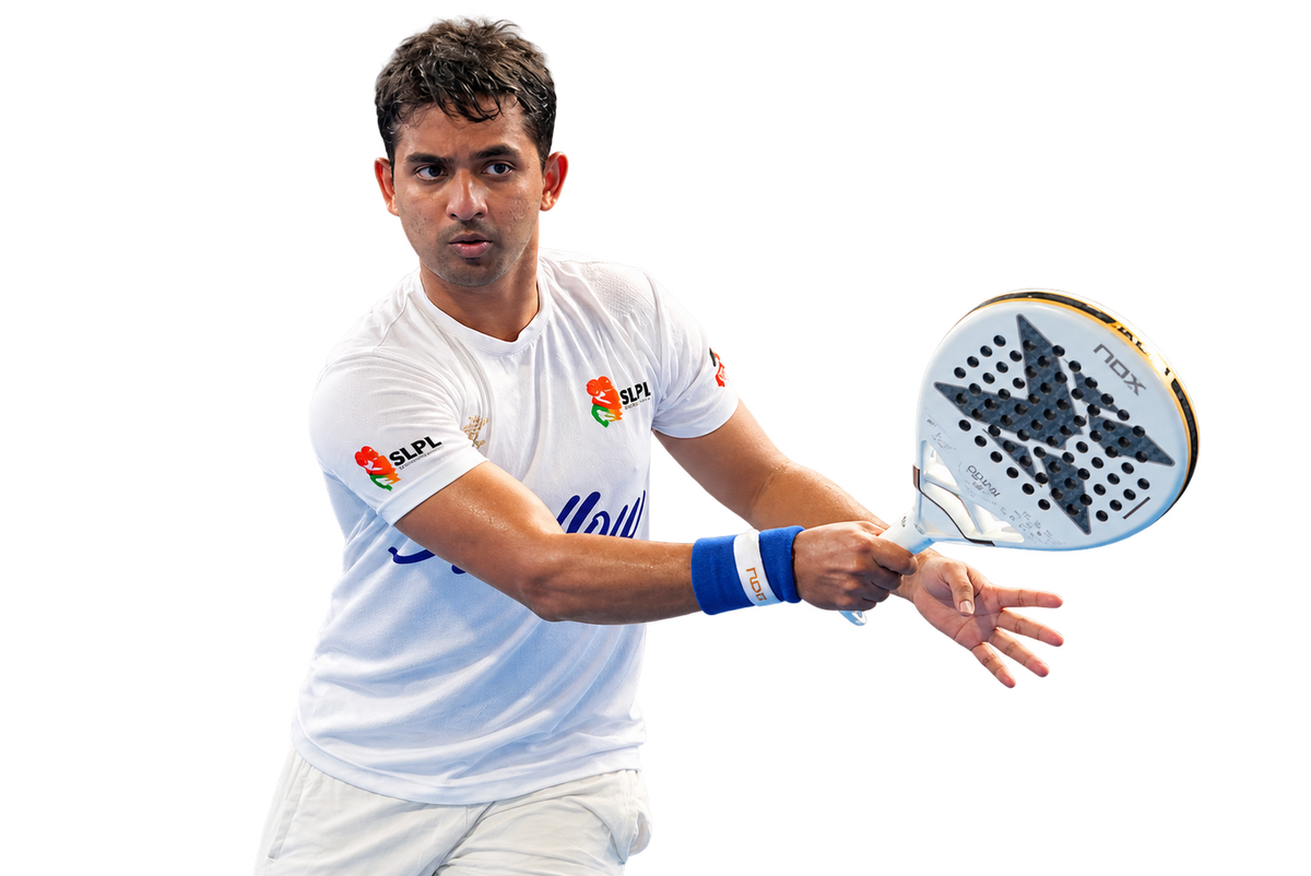 Padel player in white preparing a return with his racket