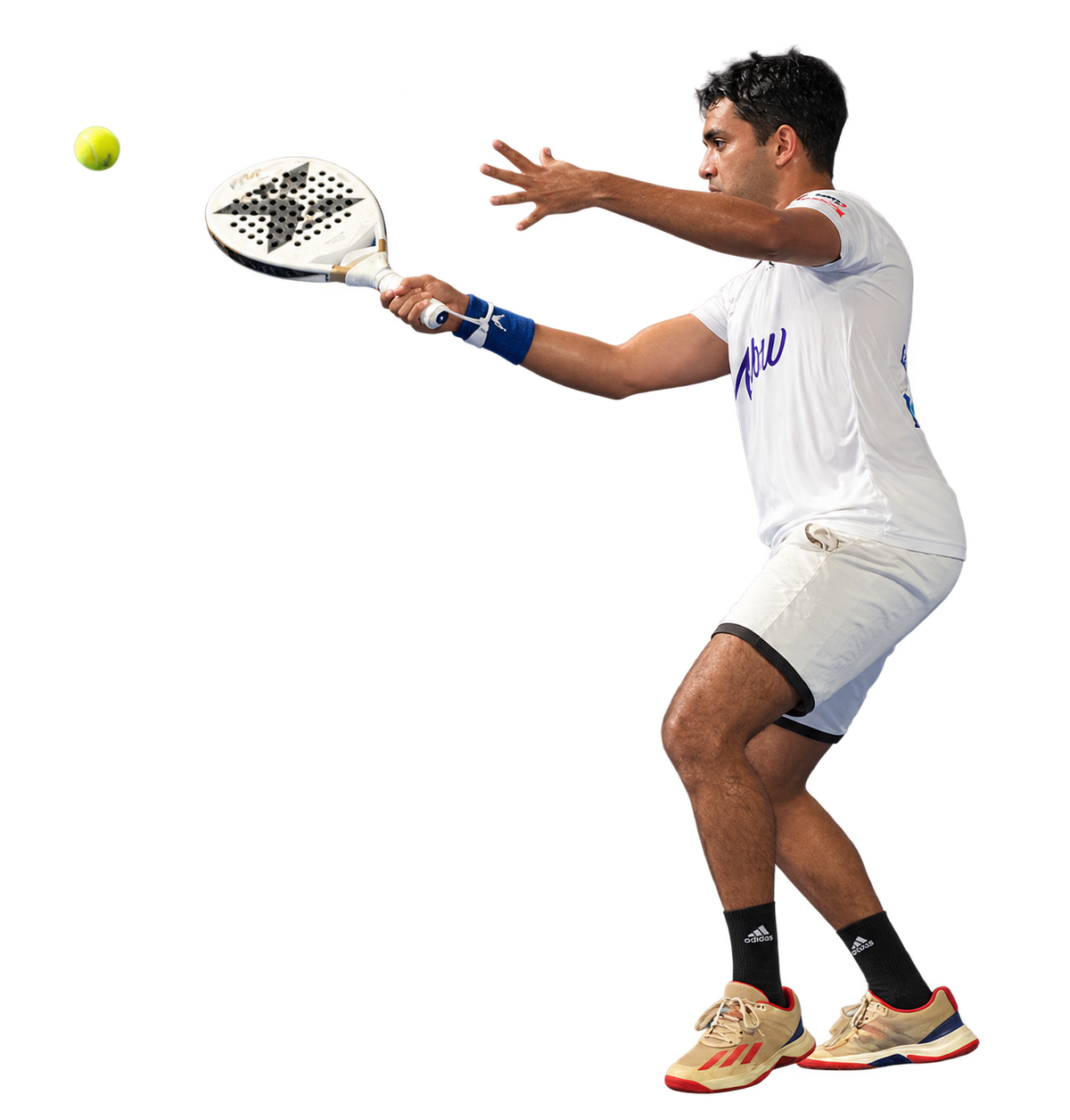 Padel player in white making a shot with his racket and ball