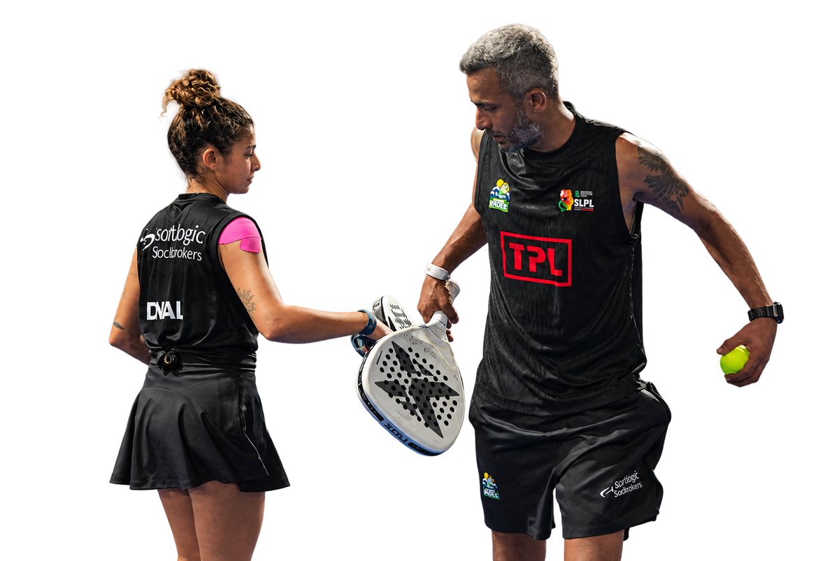 Two padel players with rackets and a ball