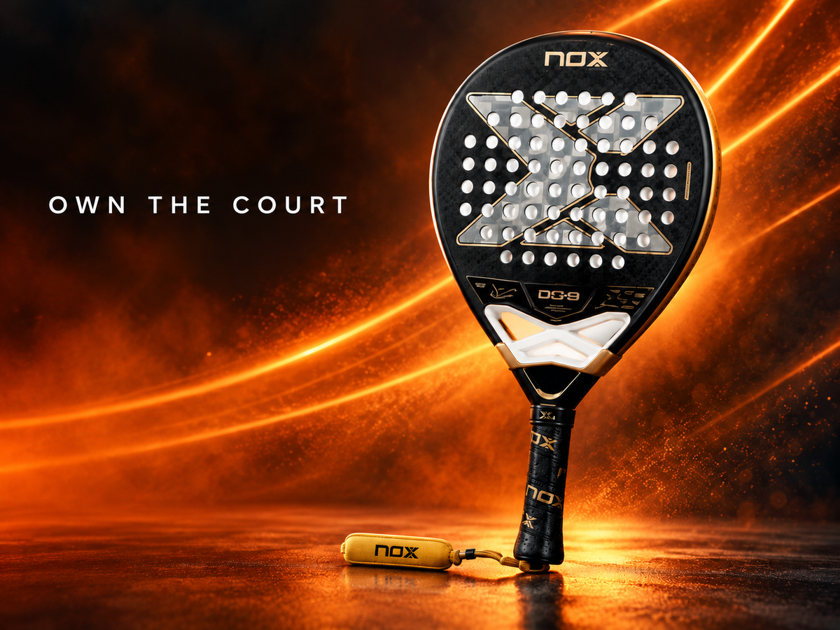 NOX padel racket on the Athilco orange court banner